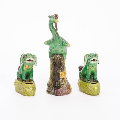 3 Chinese Ceramic Sancai Figures. Group of three Chinese ceramic figures in the forms of foo 