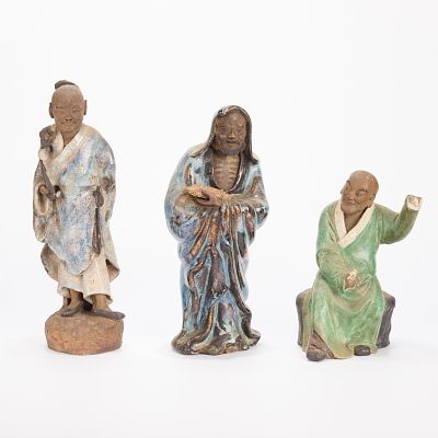 3 Chinese Ceramic Mud Men Figures. Group of three Chinese glazed pottery mudmen figurines. 