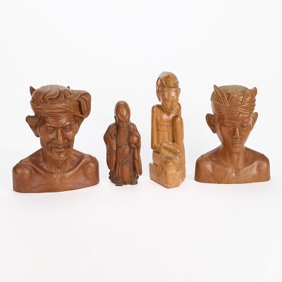 4 Bali & Chinese Carved Wooden Busts & Figurines. Group of four Chinese and Balinese carved 