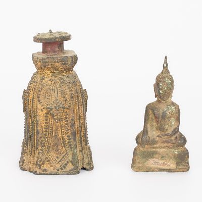 Bronze Buddha Figurine & Decorative Bell. Bronze Buddha statuette or figurine depicting a seated 
