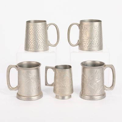 5 Asian Pewter Tankard Beer Stein Cups. Group of five Asian pewter tankards, beer steins, cups 