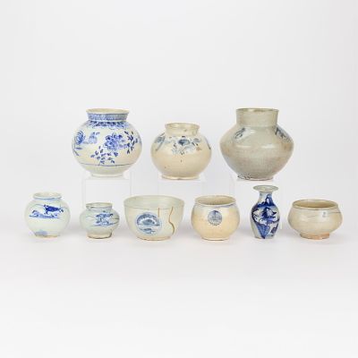 9 Korean Ceramic Bowls, Vases, & Vessels. Group of nine antique Korean pottery vessels 