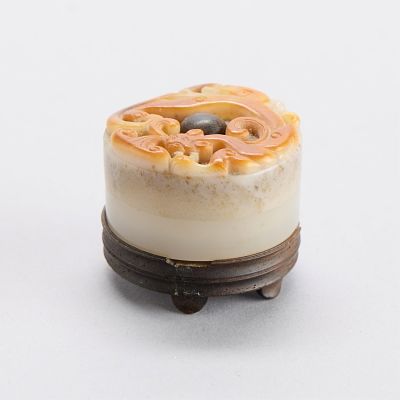 Chinese Carved Jade Ring Box w/ Stand. Chinese carved jade ring box of rounded form with lid and 