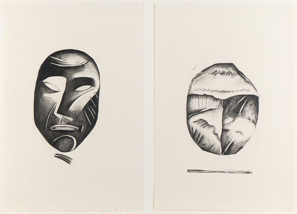 Lot 168: Minimalist "Mask" Abstract Graphite Drawing Diptych