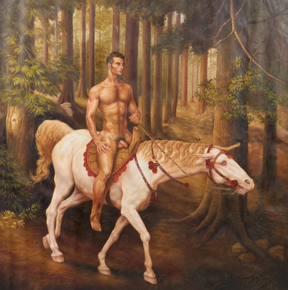 Lot 185: Nude Man Riding Horseback on Canvas
