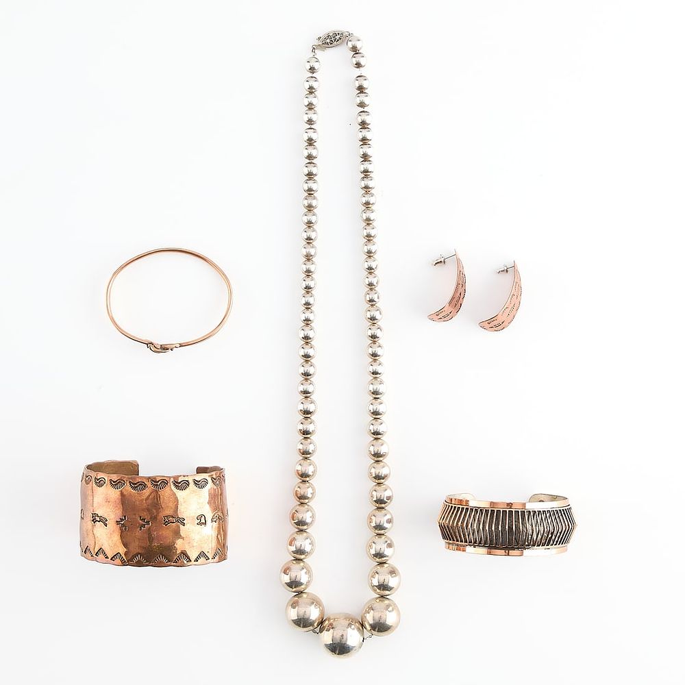 Lot 222: 5 Pcs Modernist Copper & Sterling Silver Jewelry