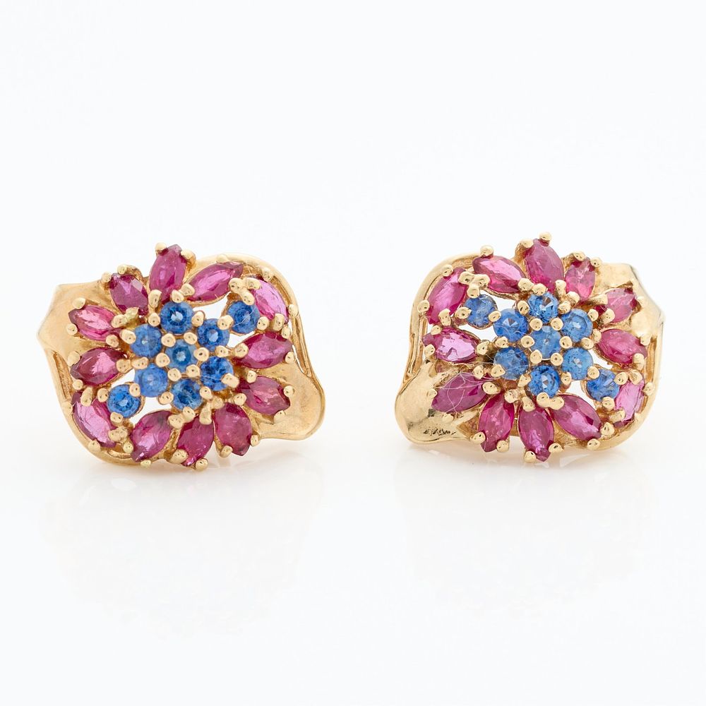 Lot 235: 10k Pr Floral Cluster Pink & Blue Stone Earrings