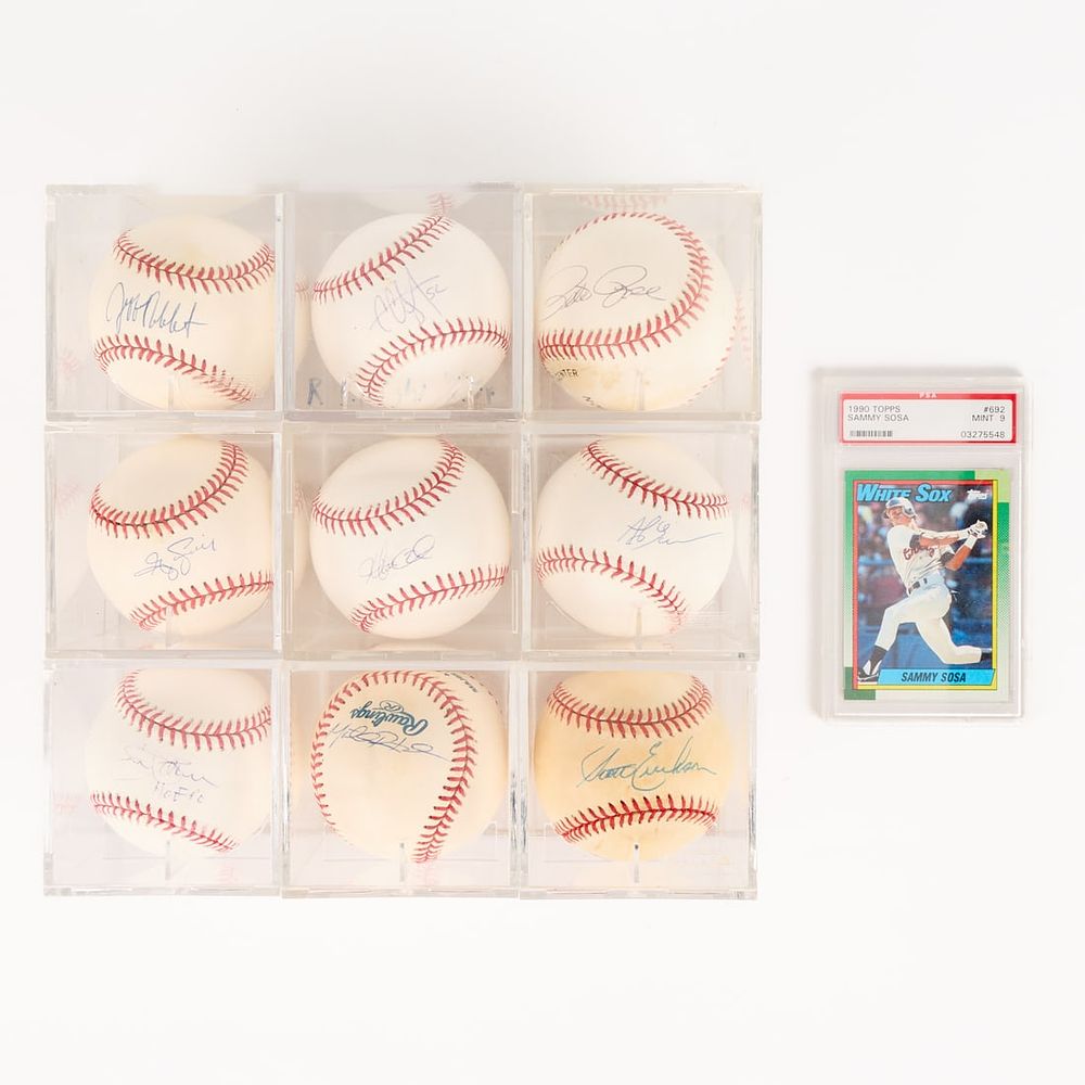 Lot 253: 9 Autographed Baseballs & 1990 Topps Sammy Sosa Card