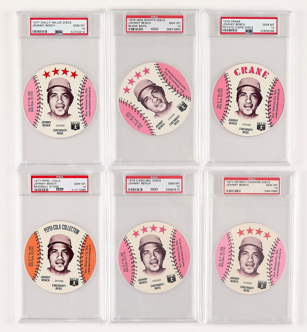 Lot 257: 6 1976-77 Branded Johnny Bench Discs PSA 10