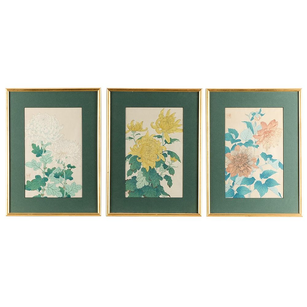 Lot 276: 3 Kawarazaki Shodo Floral Woodblock Prints