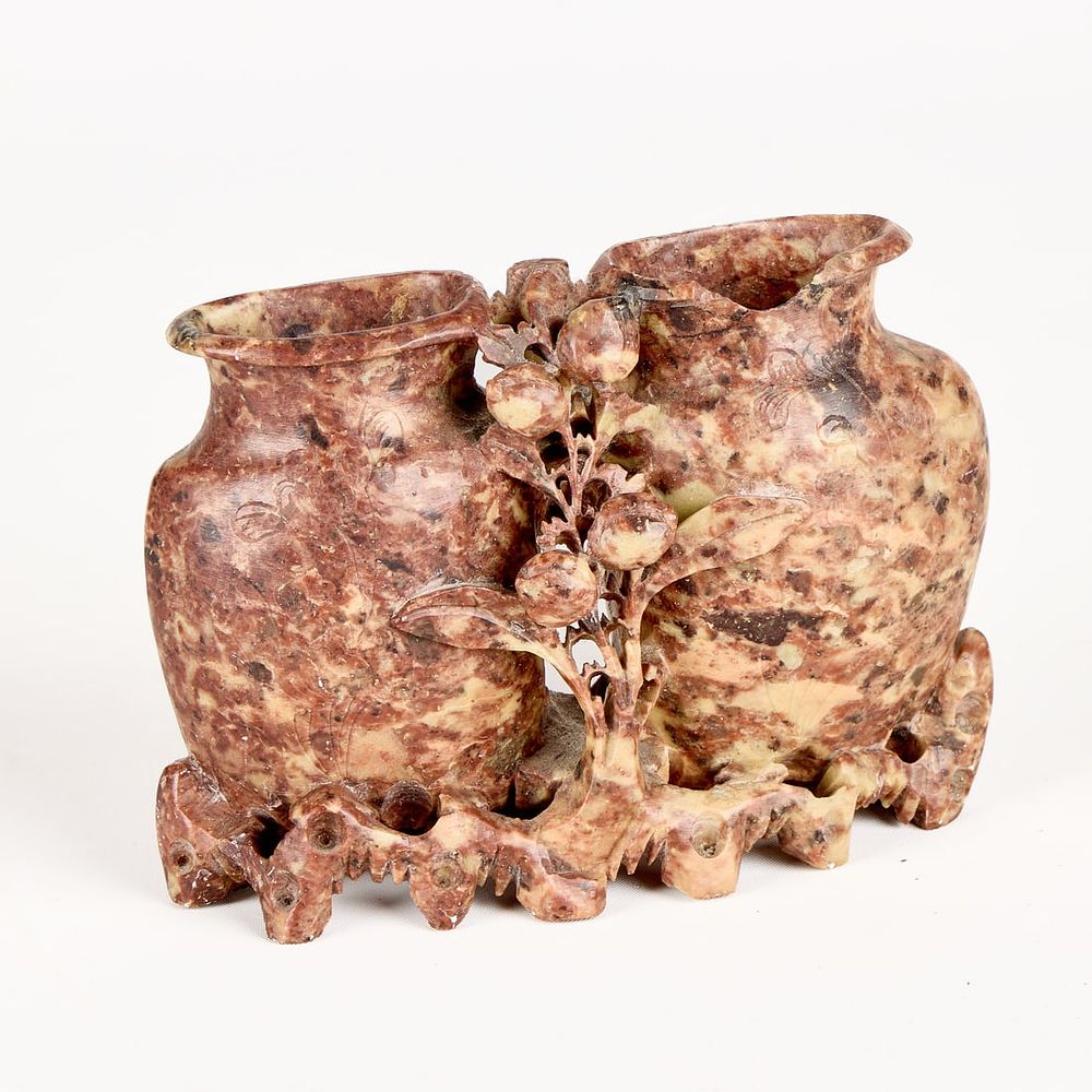 Lot 301: Chinese Carved Soapstone Floral Double Vase