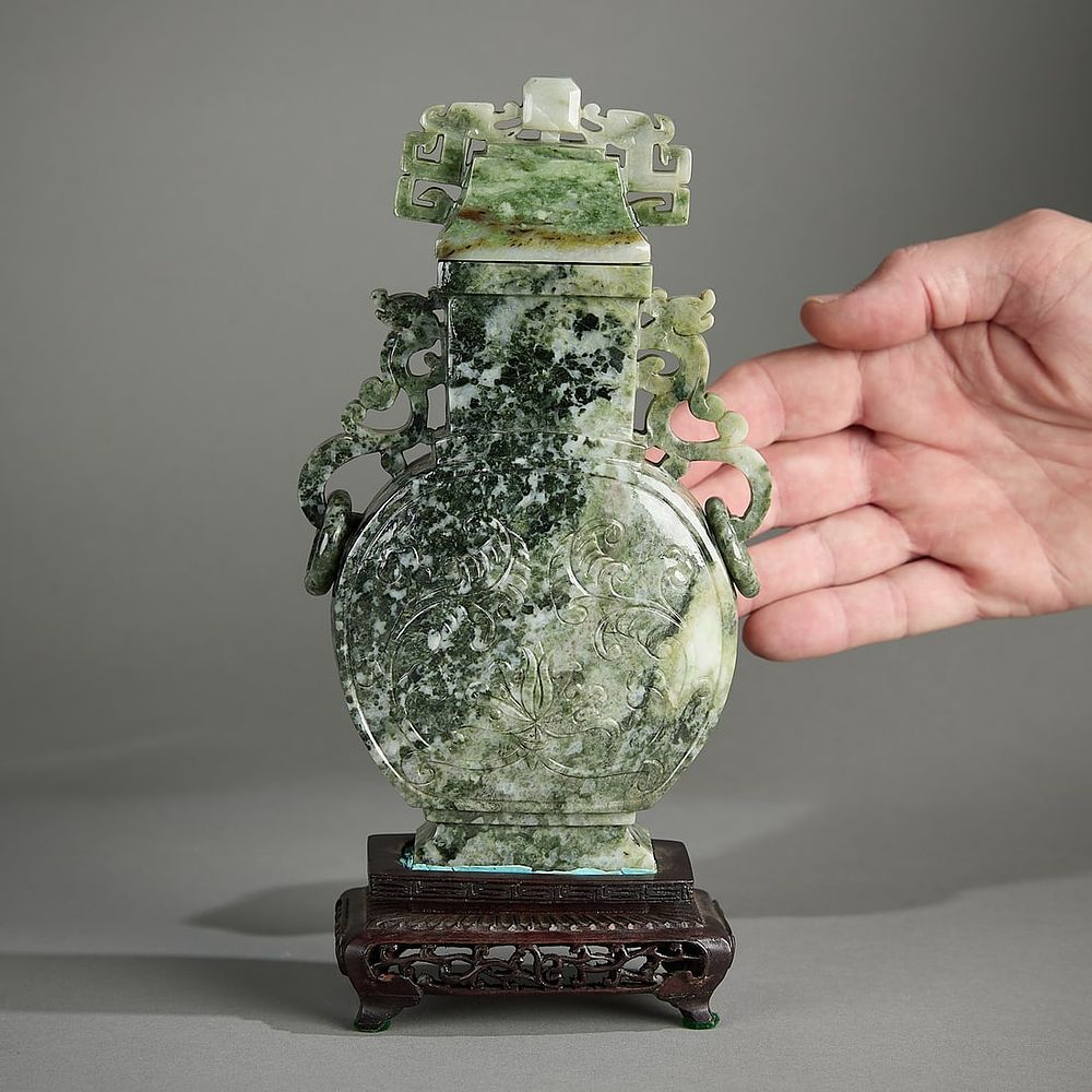 Lot 303: Chinese Carved Mottled Jade Urn Vase