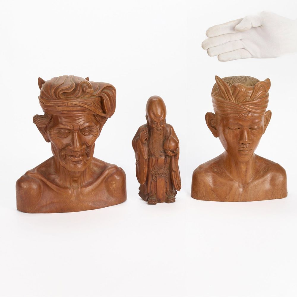 Lot 320: 3 Bali & Chinese Carved Wooden Busts & Figurines