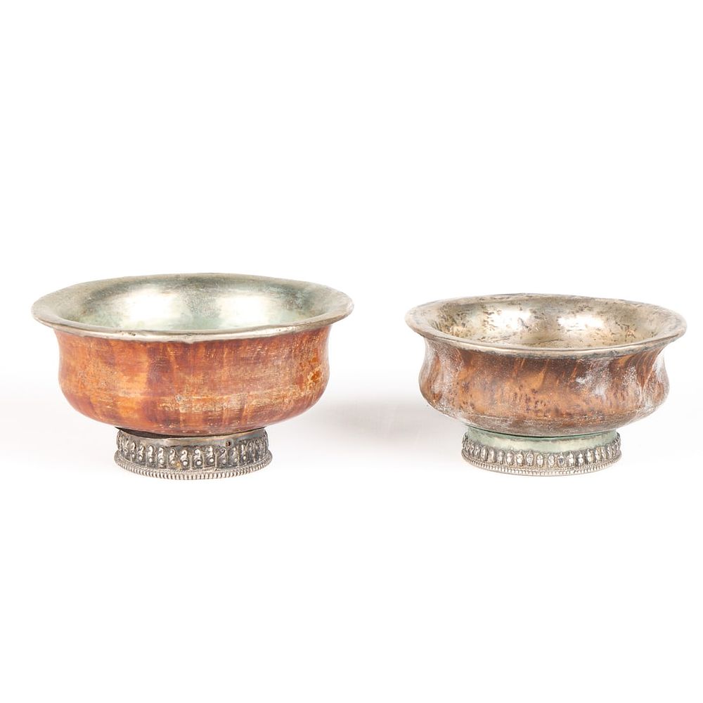 Lot 348: 2 Tibetan Wood Cups w/ Silver Mounts