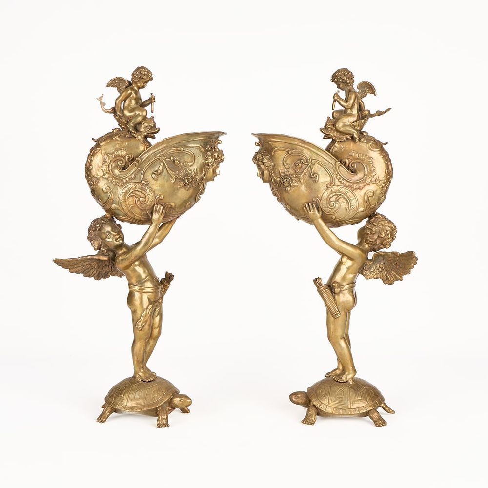 Lot 384: Pr Brass Figural Cherub Nautilus Cups