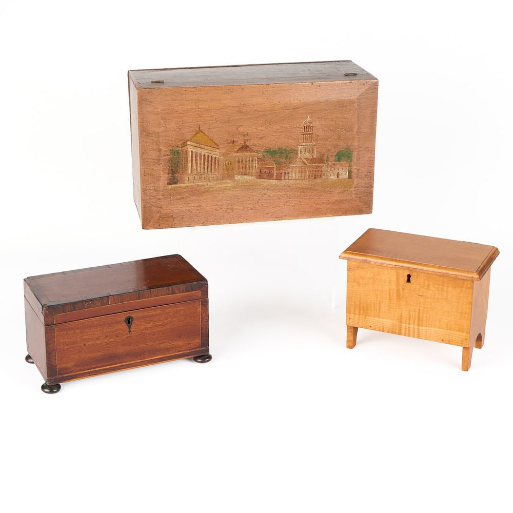 Lot 410: 3 Vintage Wood Boxes or Tea Caddies