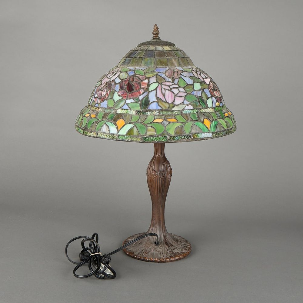 Lot 418: Tiffany-Style "Rosebush" Leaded & Stained Glass Lamp