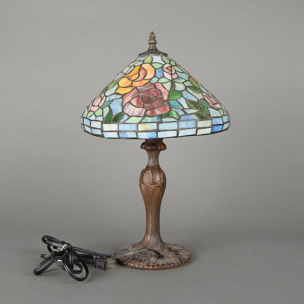 Lot 419: Tiffany-Style "Rosebush" Leaded & Stained Glass Lamp