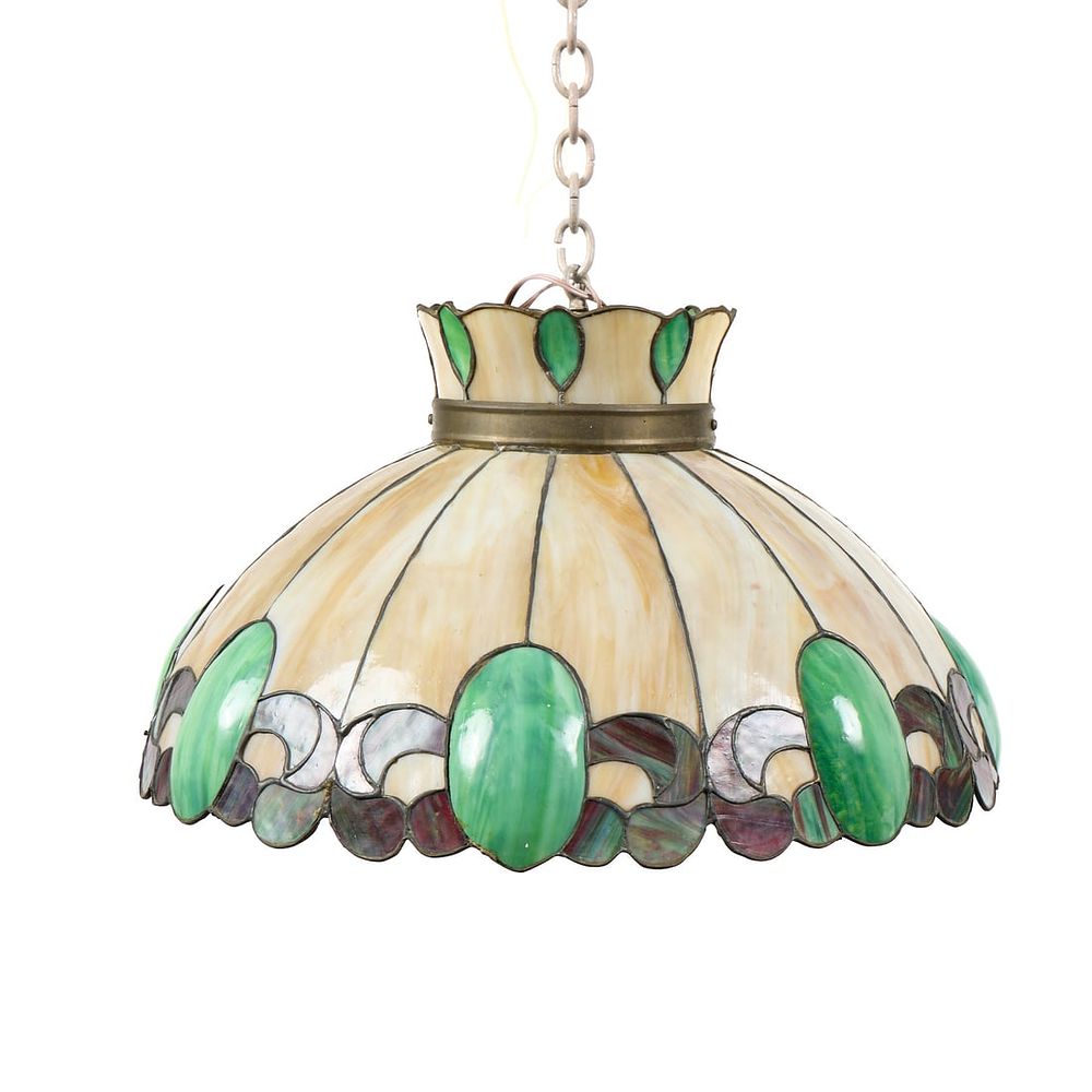 Lot 422: Tiffany-Style Arts & Crafts Stained Glass Pendant Lamp
