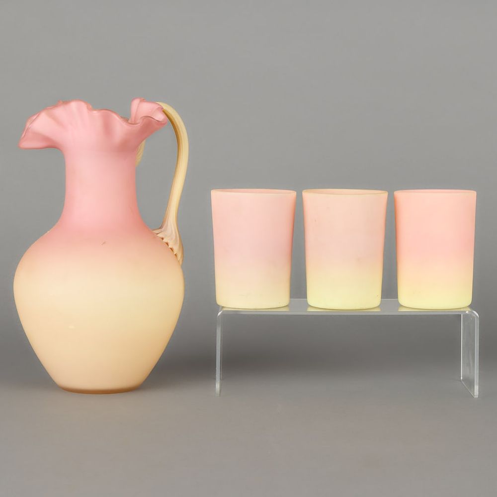 Lot 447: 4 Pcs Burmese Pink Glass Tumblers & Pitcher