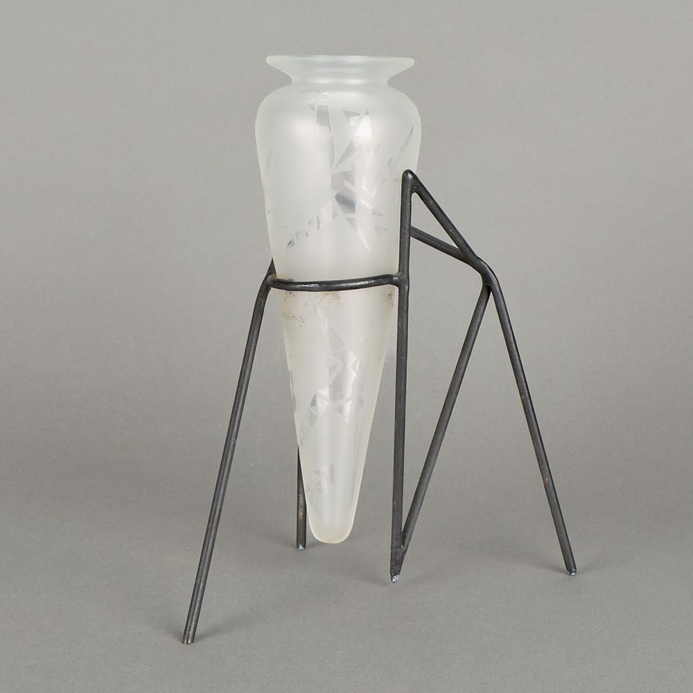 Lot 494: Attr. Bruce Hinrichs Art Glass Etched Vase w/ Abstract Stand