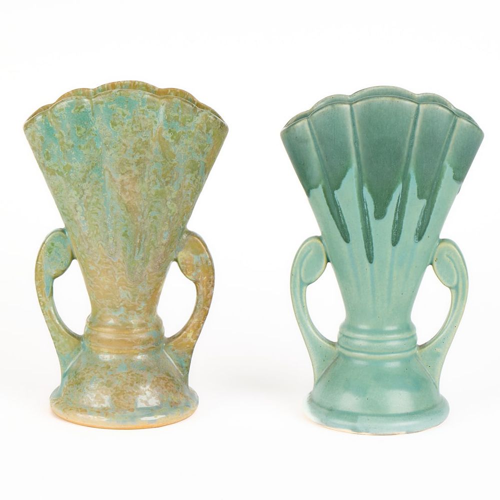 Lot 534: 2 Roseville Art Pottery "Carnelian II" Fan Vases