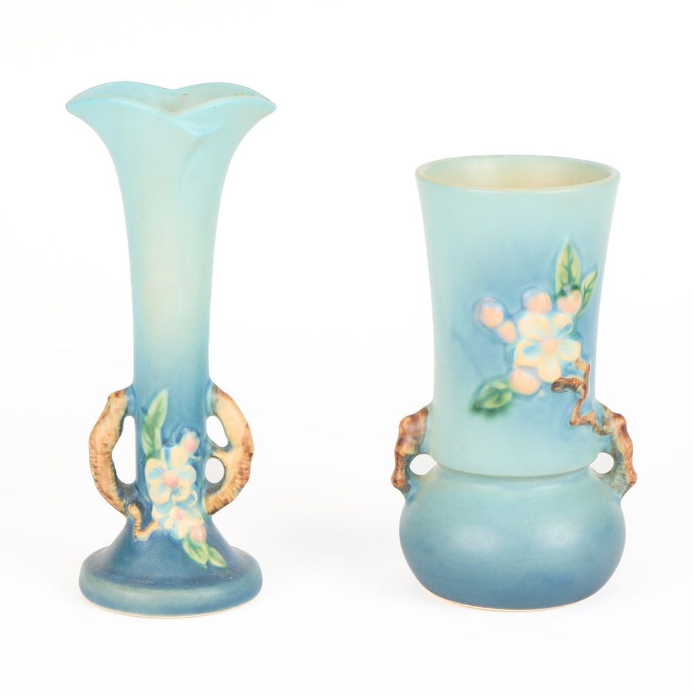 Lot 539: 2 Roseville Art Pottery "Apple Blossom" Vessels