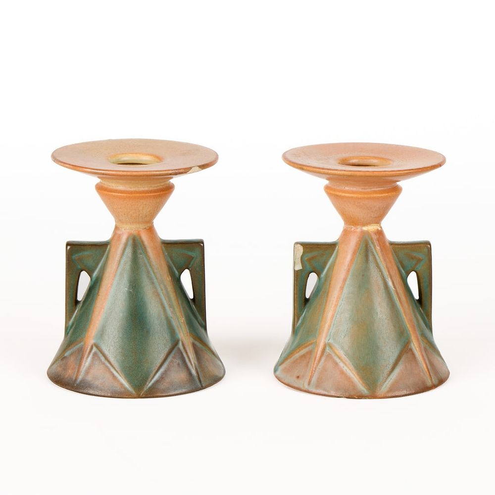 Lot 544: Pr Roseville "Aztec" Futura Candlesticks - Damaged