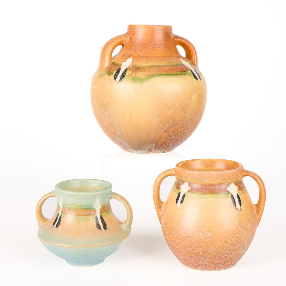 Lot 557: 3 Roseville Art Pottery "Monticello" Vases
