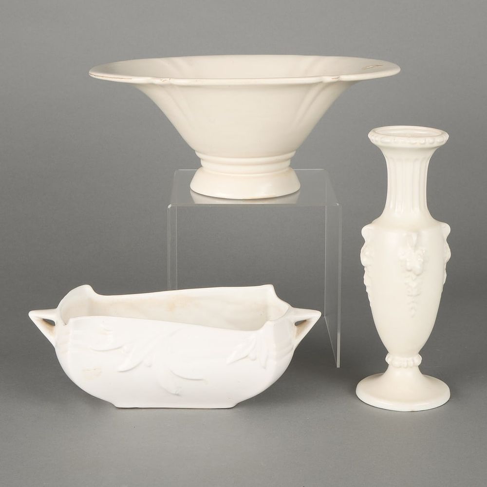 Lot 574: 3 Roseville Art Pottery Matte White Vases & Compote