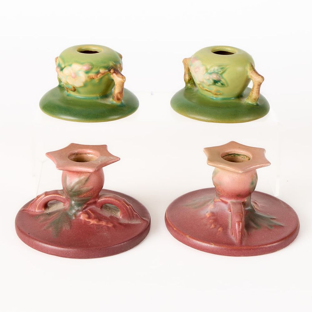 Lot 576: 4 Roseville Pottery No. 35 & No. 1140 Candlesticks