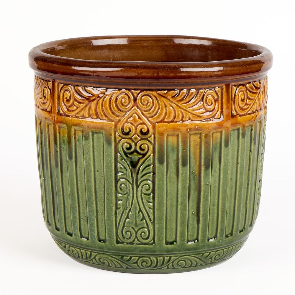 Lot 597: Weller Pottery Scrollwork Green & Brown Jardiniere