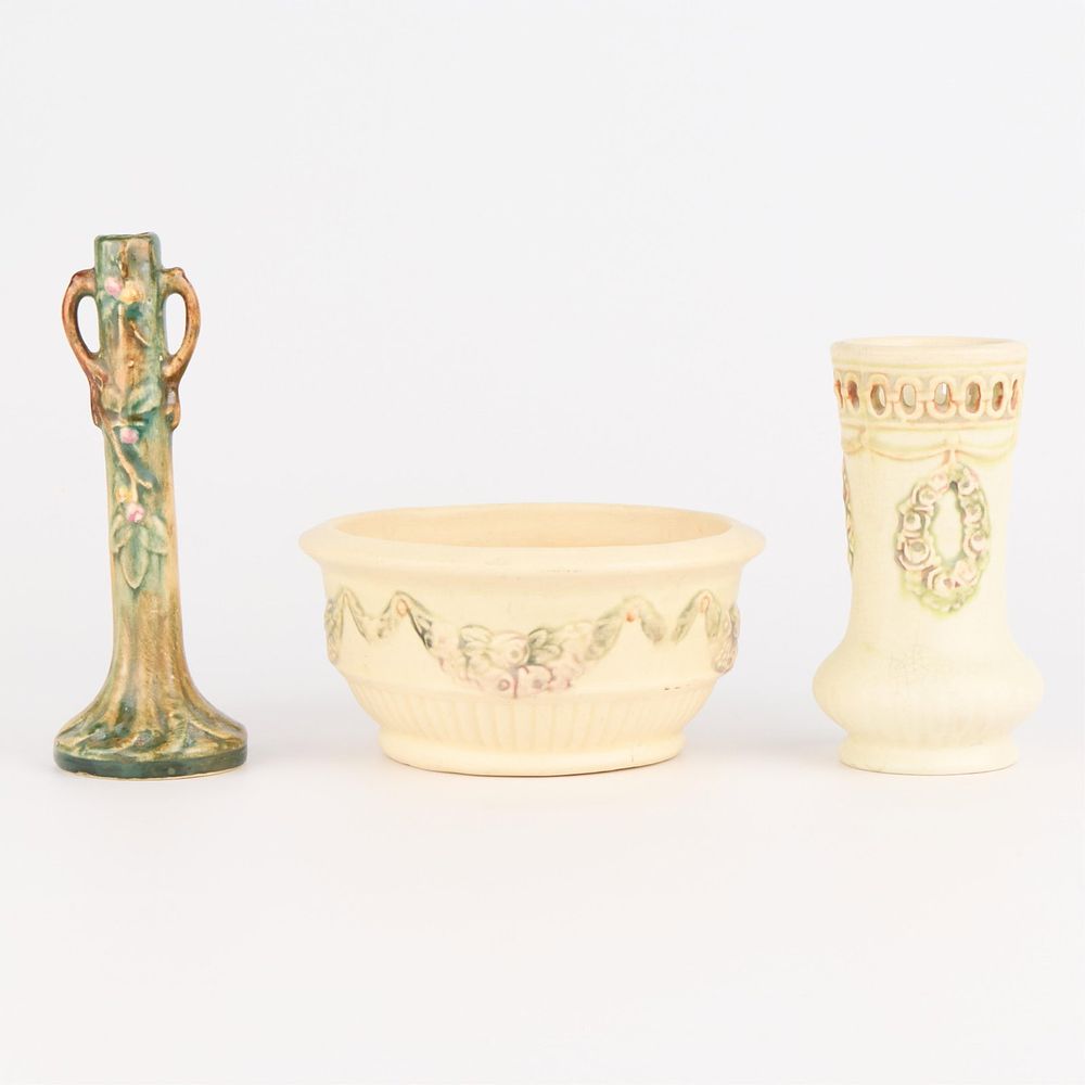 Lot 606: 3 Pcs Weller "Roma" & "Woodcraft" Art Pottery