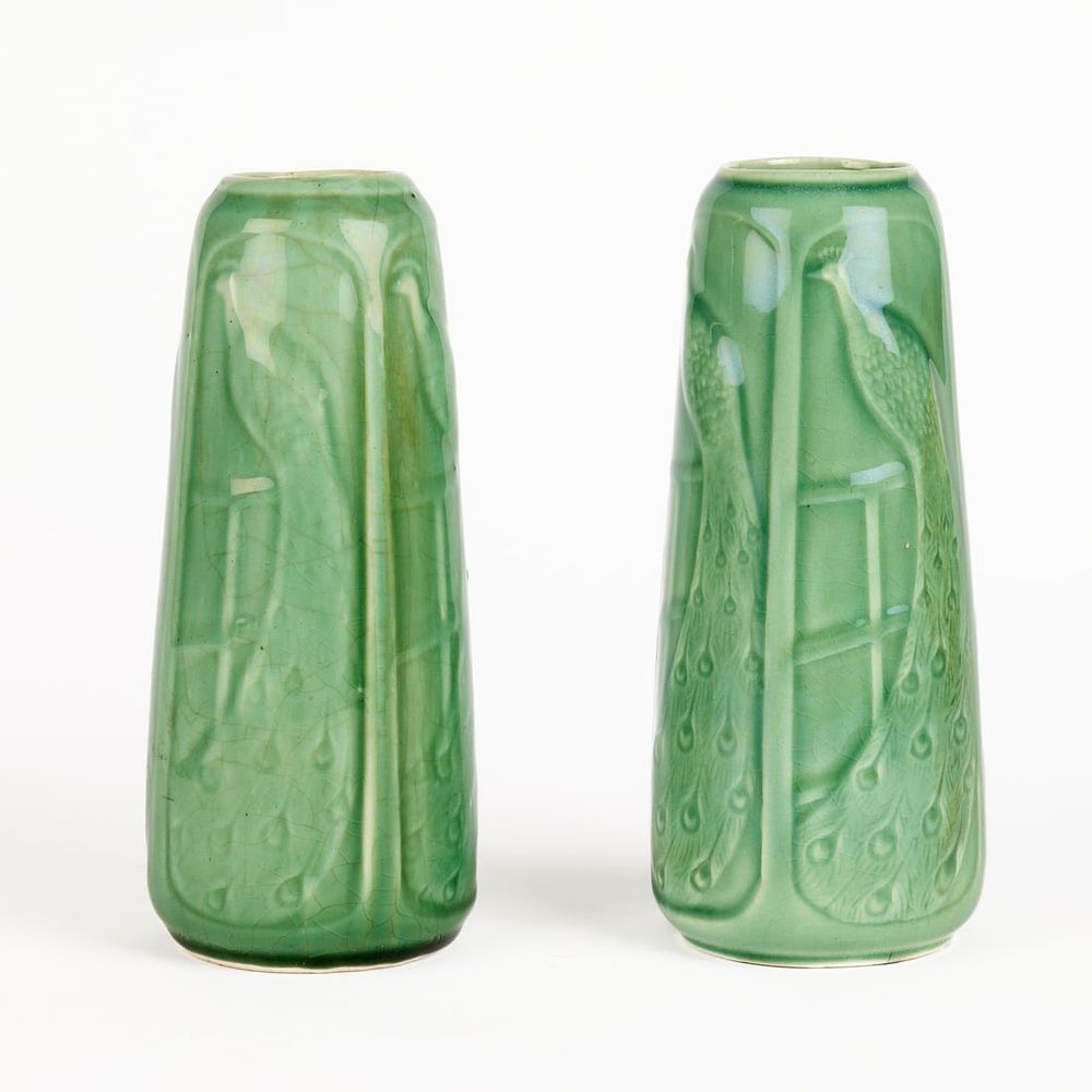Lot 609: Pr Red Wing Art Pottery Jade Green Peacock Vases