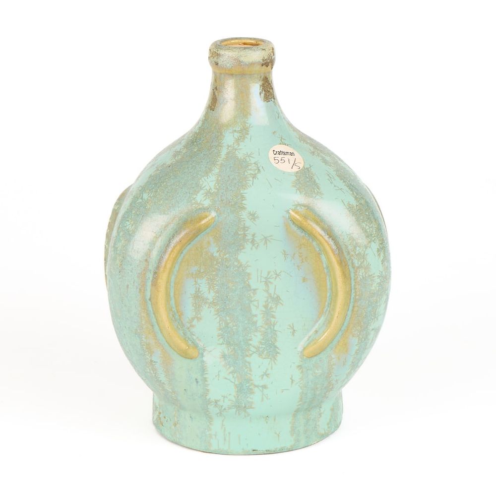 Lot 655: Fulper Art Pottery 3-Sided "Cucumber Crystalline" Music Jug