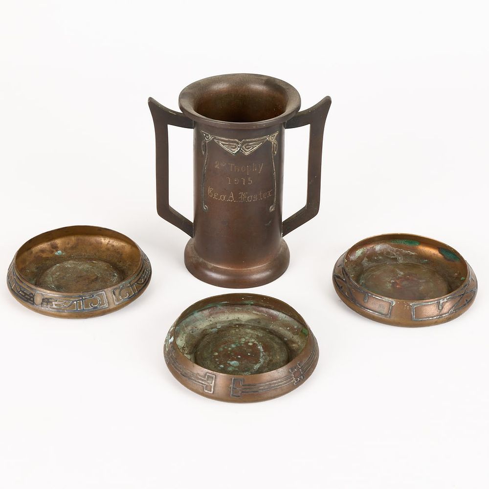 Lot 691: 4 Heintz Art Metal Shop Sterling on Bronze Vessels