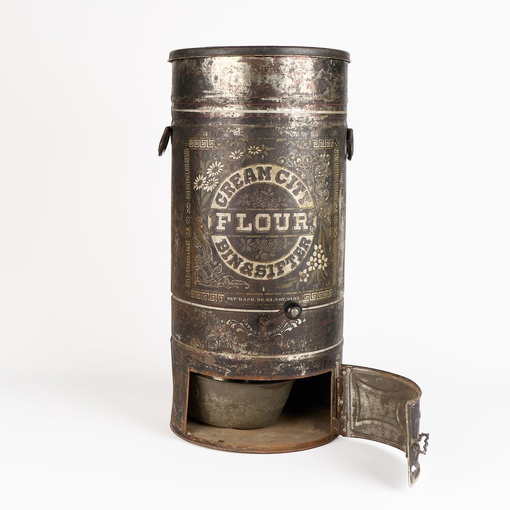 Lot 692: Early Tin Cream City Flour Bin & Sifter