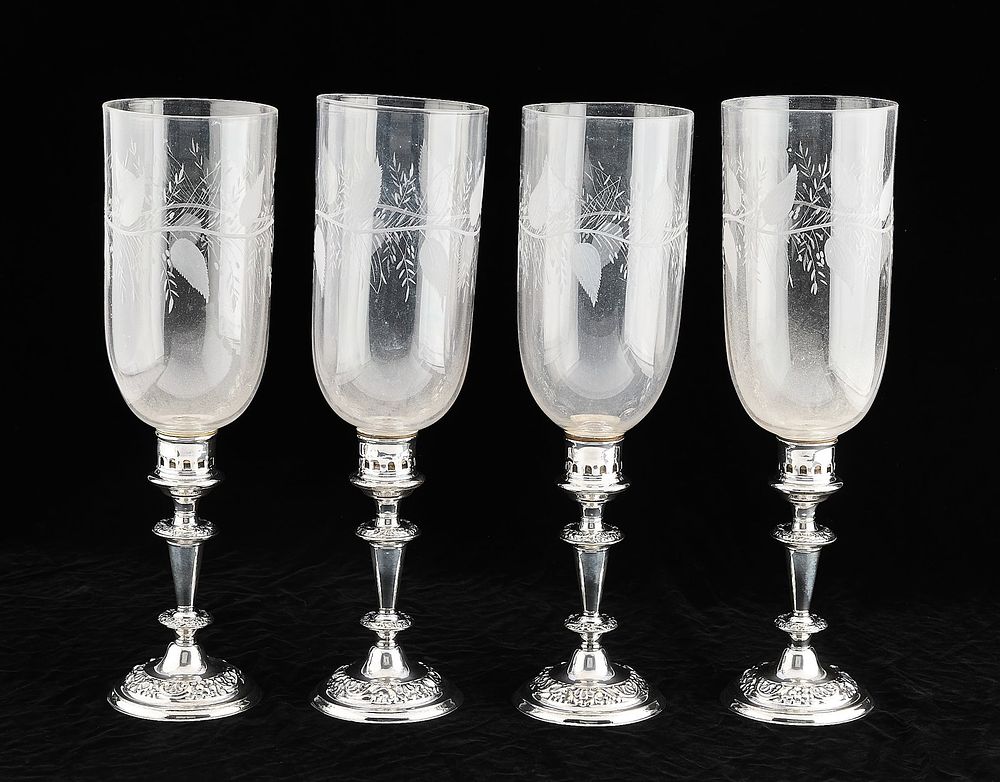Lot 697: 4 Early 20th c. English Silverplate Hurricane Lamps