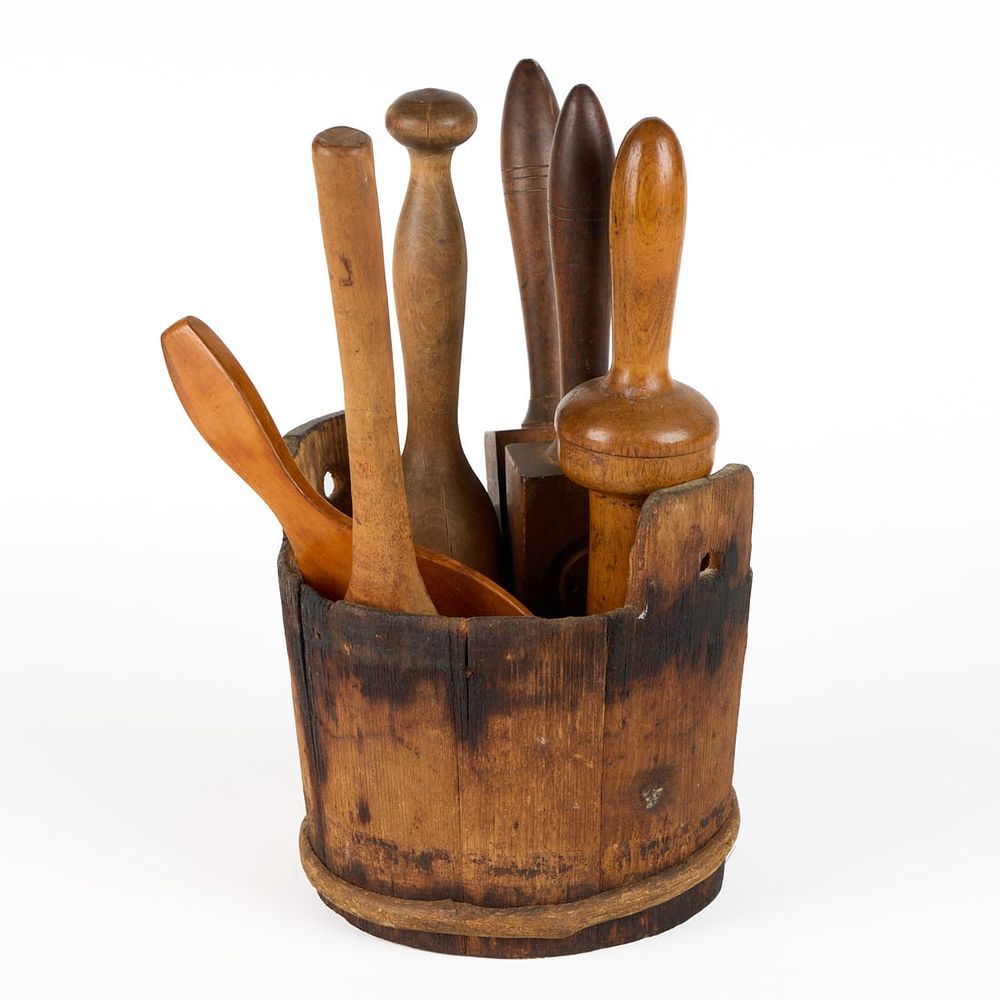 Lot 702: Antique Wooden Bucket w/ Wooden Utensils