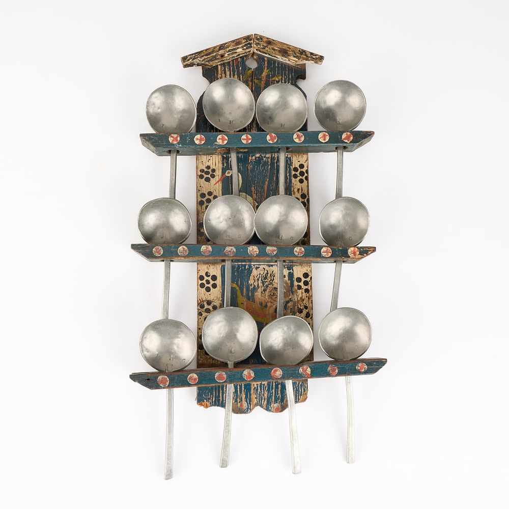 Lot 704: Antique Hand-Painted Spoon Rack w/ Pewter Spoons