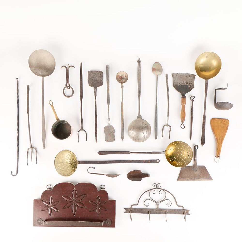 Lot 706: Pr Spoon Rack w/ Brass & Iron Utensils