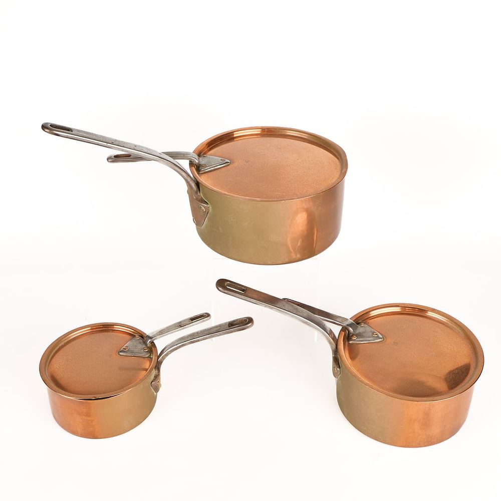 Lot 721: 3 Nesting Handwrought Copper Sauce Saute Pans