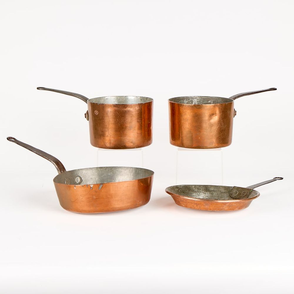 Lot 723: 4 Cast Iron-Handled Copper Pots & Pan