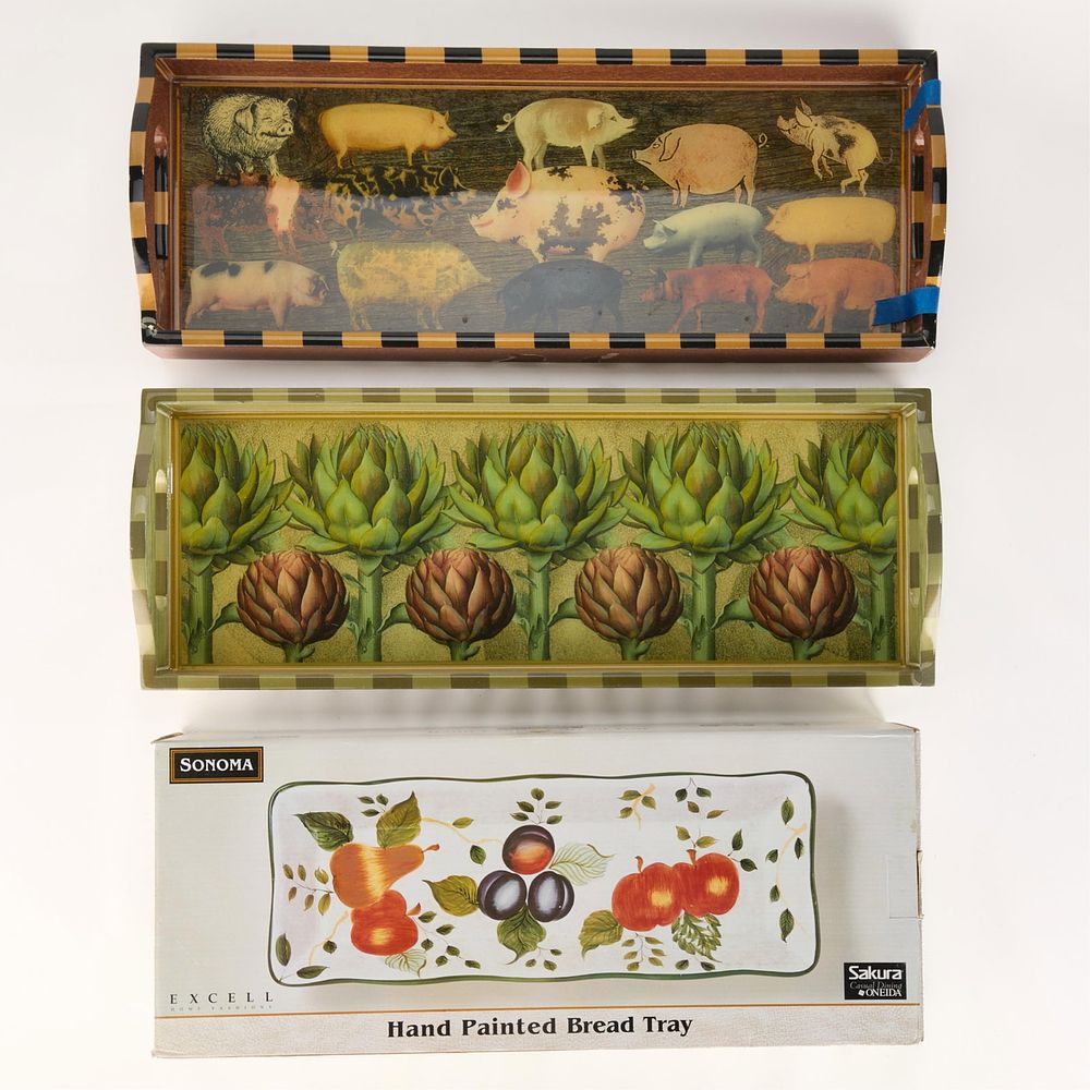 Lot 736: 3 Decoupage & Earthenware Serving Trays