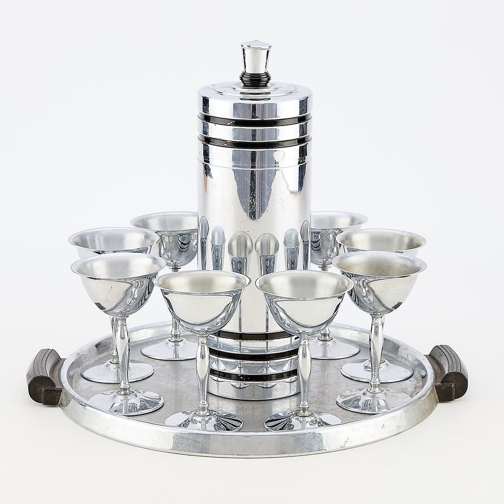 Lot 749: Chase "Gaiety" Cocktail Shaker w/ 8 Champagne Coupes & Tray