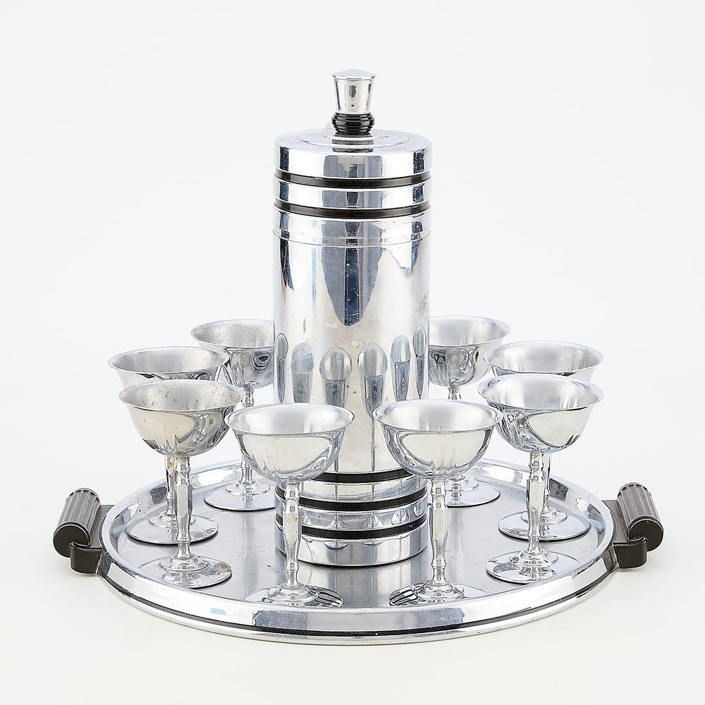 Lot 752: Chase "Gaiety" Cocktail Shaker w/ 8 Champagne Coupes & Tray