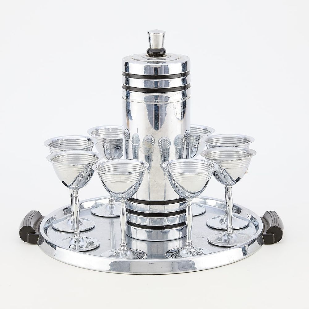 Lot 753: Chase "Gaiety" Cocktail Shaker w/ 8 Champagne Coupes & Tray