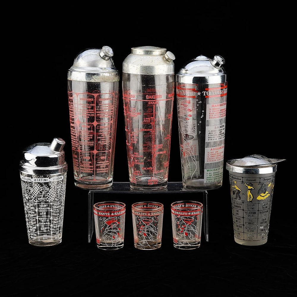 Lot 770: 5 MCM Cocktail Recipe Glass Shakers