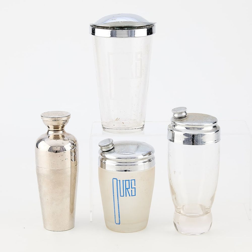 Lot 776: 4 Vtg Silver-Plate, Chrome, & Glass Cocktail Shakers