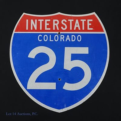 Colorado I-25 Interstate Sign. Colorado I-25 Interstate sign. Some scratches, staining and tape 